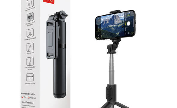 Crong SelfieGo Lite – Kompaktowy selfie stick Bluetooth tripod (czarny) - zdjęcie 1